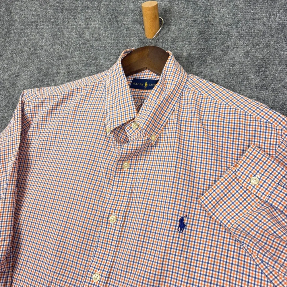 Ralph Lauren Button Down Mens XL Orange Blue Check Long Sleeve Cotton Shirt 0400